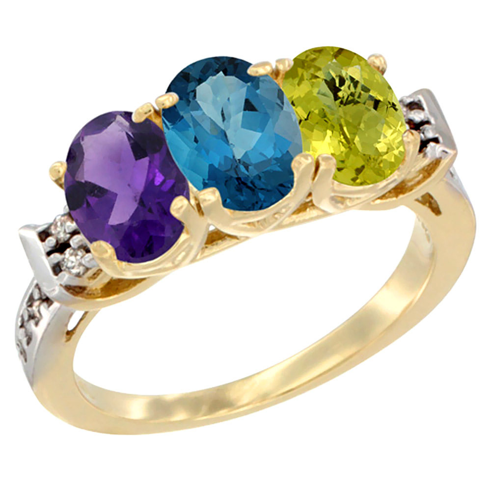 14K Yellow Gold Natural Amethyst, London Blue Topaz & Lemon Quartz Ring 3-Stone 7x5 mm Oval Diamond Accent, sizes 5 - 10