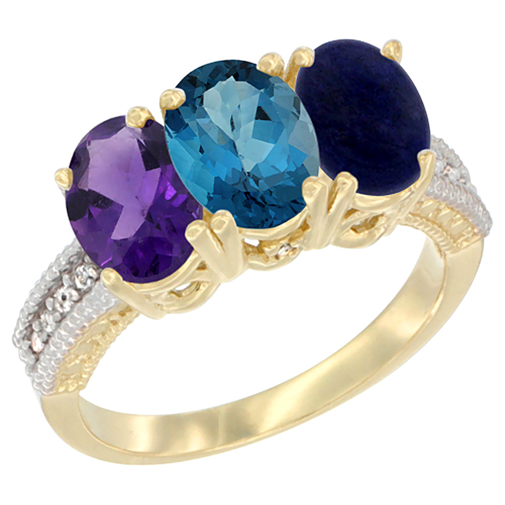 10K Yellow Gold Diamond Natural Amethyst, London Blue Topaz & Lapis Ring Oval 3-Stone 7x5 mm,sizes 5-10