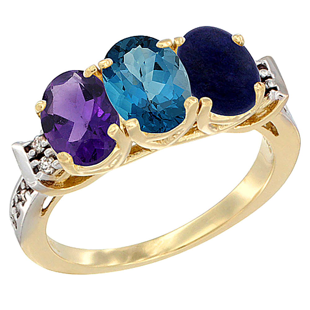 14K Yellow Gold Natural Amethyst, London Blue Topaz & Lapis Ring 3-Stone 7x5 mm Oval Diamond Accent, sizes 5 - 10