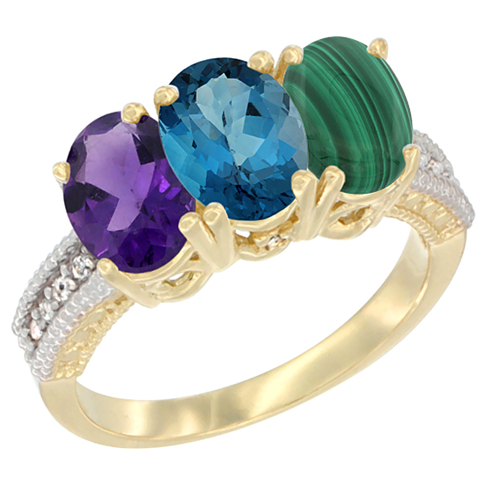 10K Yellow Gold Diamond Natural Amethyst, London Blue Topaz &amp; Malachite Ring Oval 3-Stone 7x5 mm,sizes 5-10