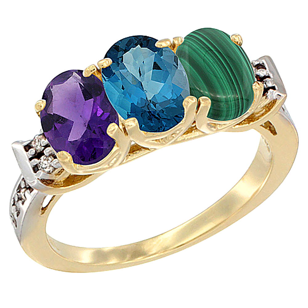 14K Yellow Gold Natural Amethyst, London Blue Topaz & Malachite Ring 3-Stone 7x5 mm Oval Diamond Accent, sizes 5 - 10