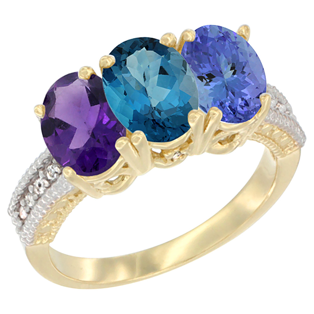 10K Yellow Gold Diamond Natural Amethyst, London Blue Topaz & Tanzanite Ring Oval 3-Stone 7x5 mm,sizes 5-10