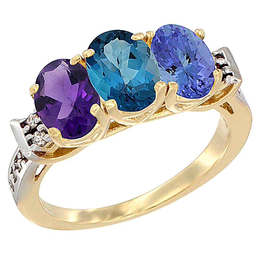 14K Yellow Gold Natural Amethyst, London Blue Topaz & Tanzanite Ring 3-Stone 7x5 mm Oval Diamond Accent, sizes 5 - 10