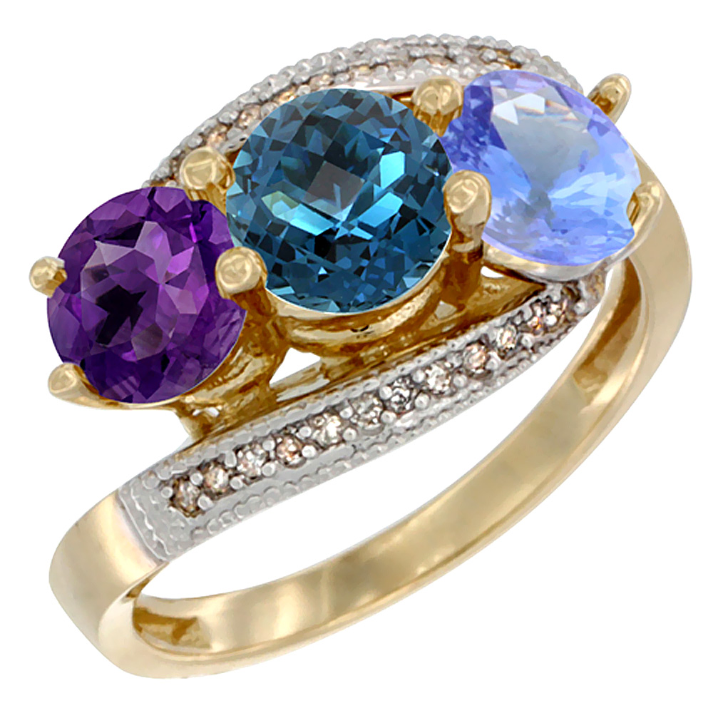 10K Yellow Gold Natural Amethyst, London Blue Topaz &amp; Tanzanite 3 stone Ring Round 6mm Diamond Accent, sizes 5 - 10