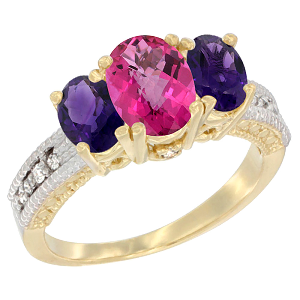 10K Yellow Gold Diamond Natural Pink Topaz Ring Oval 3-stone with Amethyst, sizes 5 - 10