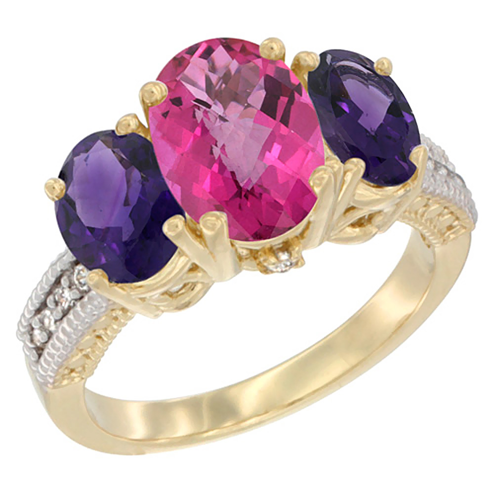 14K Yellow Gold Diamond Natural Pink Topaz Ring 3-Stone Oval 8x6mm with Amethyst, sizes5-10