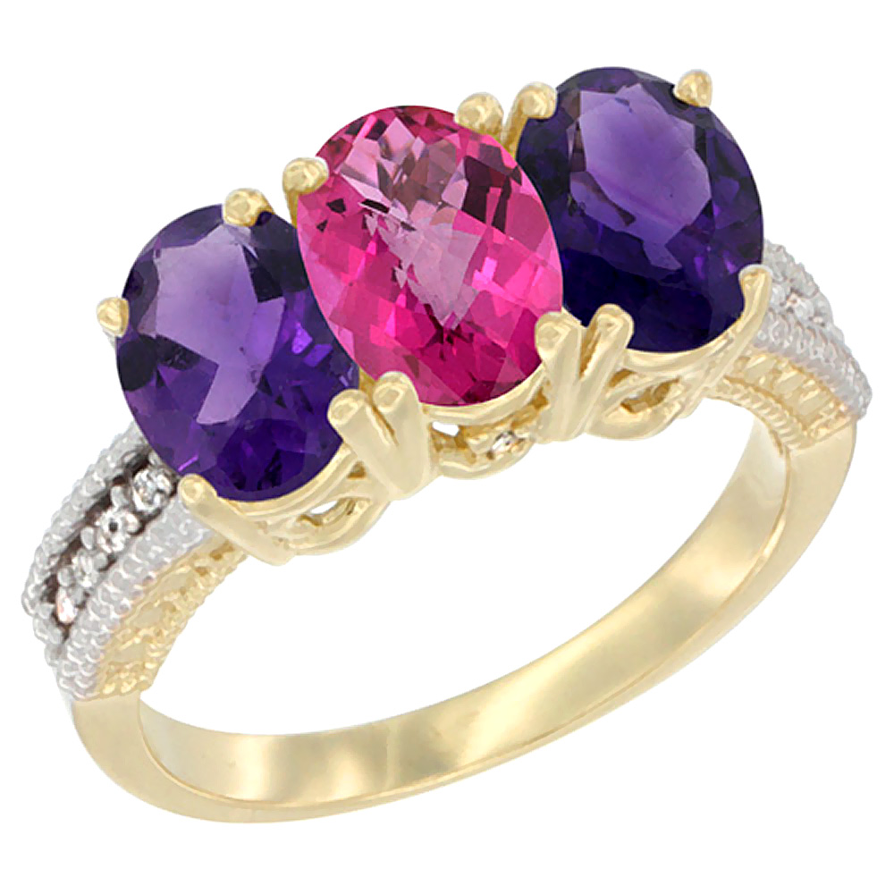 14K Yellow Gold Natural Pink Topaz &amp; Amethyst Ring 3-Stone 7x5 mm Oval Diamond Accent, sizes 5 - 10