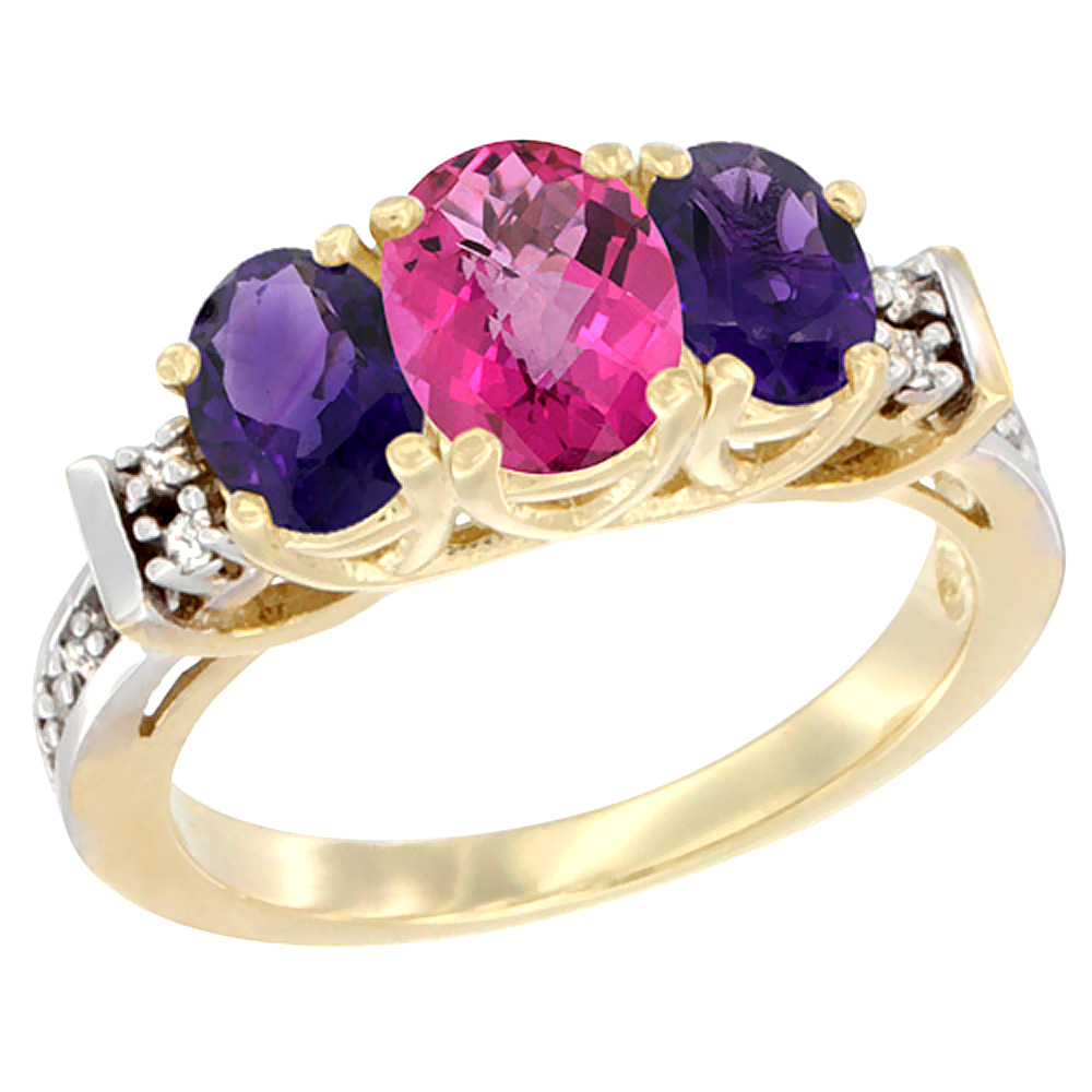 10K Yellow Gold Natural Pink Topaz & Amethyst Ring 3-Stone Oval Diamond Accent