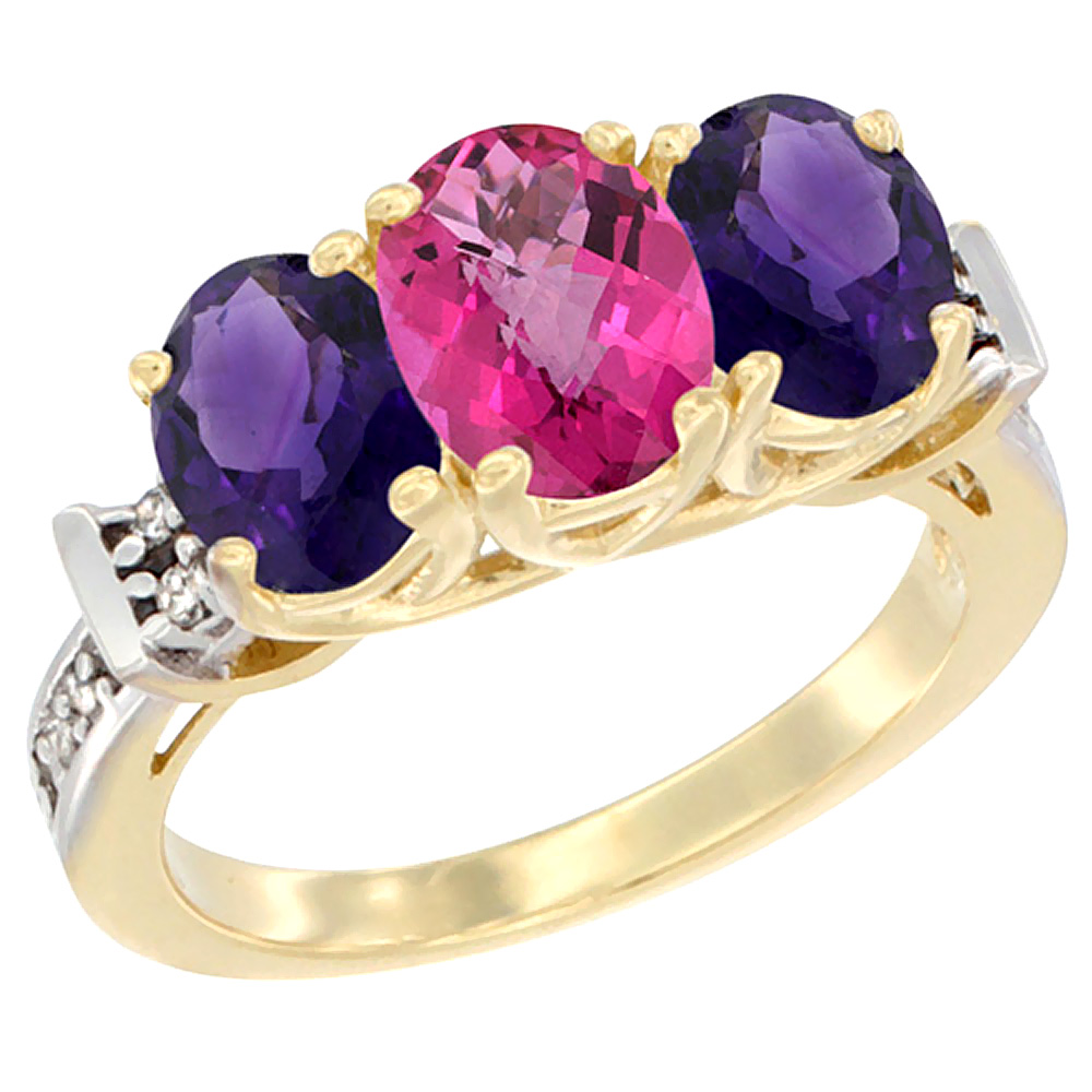 14K Yellow Gold Natural Pink Topaz & Amethyst Sides Ring 3-Stone Oval Diamond Accent, sizes 5 - 10