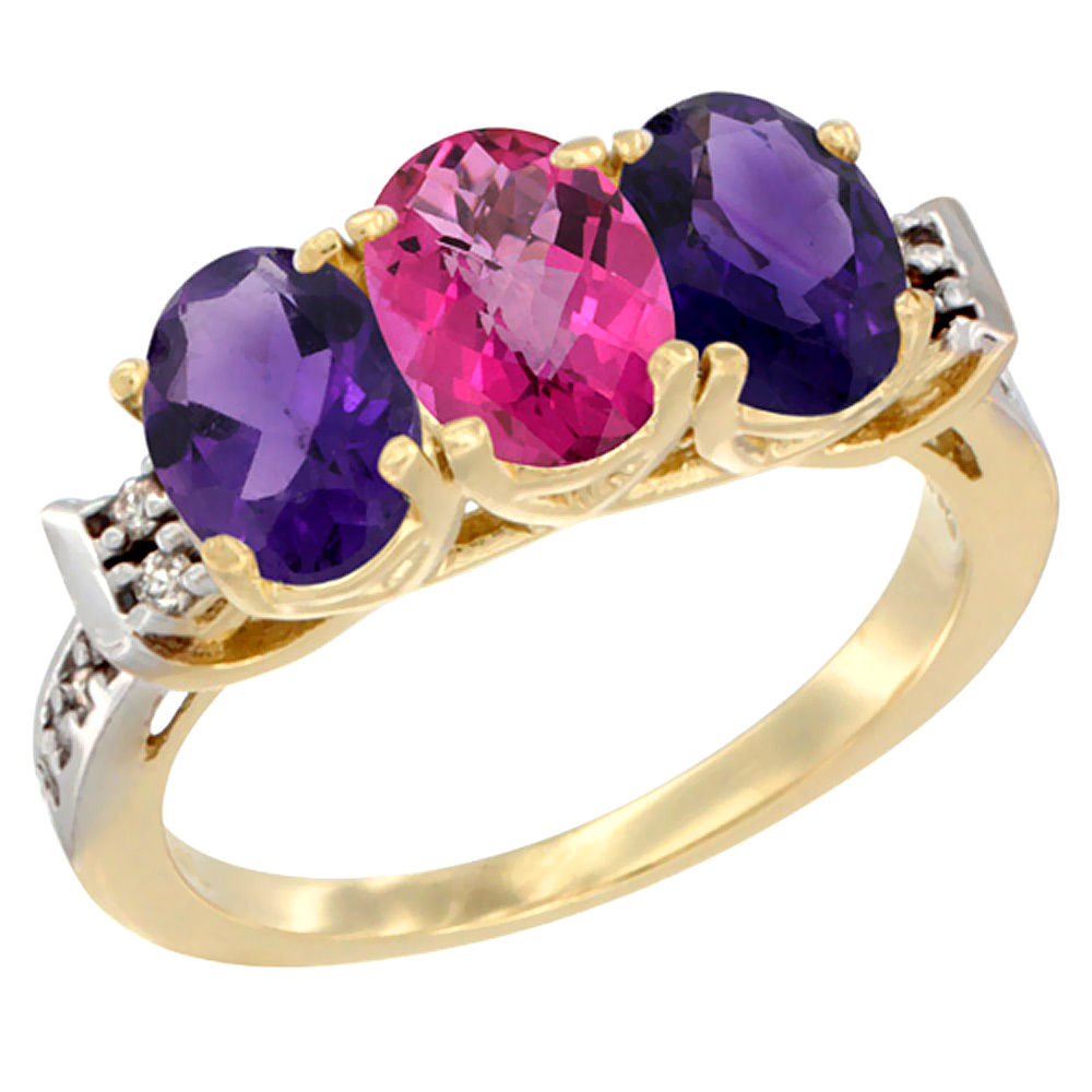 14K Yellow Gold Natural Pink Topaz &amp; Amethyst Sides Ring 3-Stone 7x5 mm Oval Diamond Accent, sizes 5 - 10