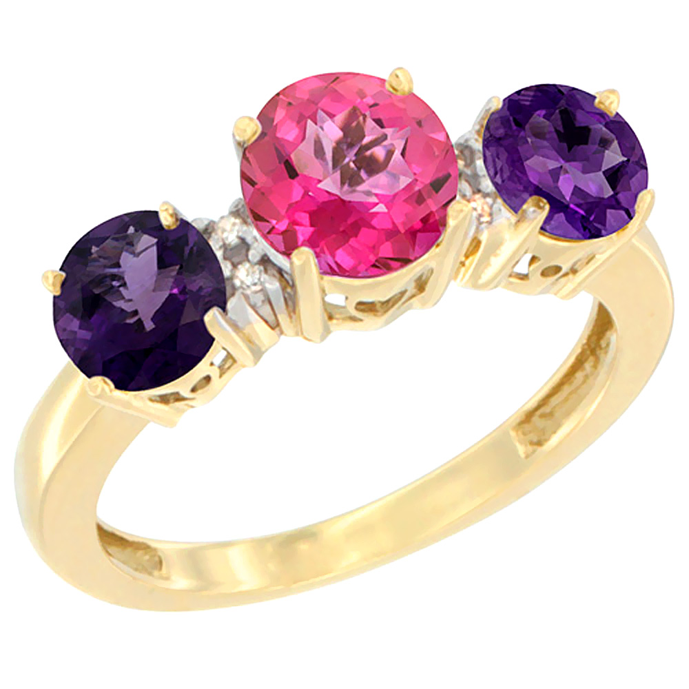 10K Yellow Gold Round 3-Stone Natural Pink Topaz Ring &amp; Amethyst Sides Diamond Accent, sizes 5 - 10