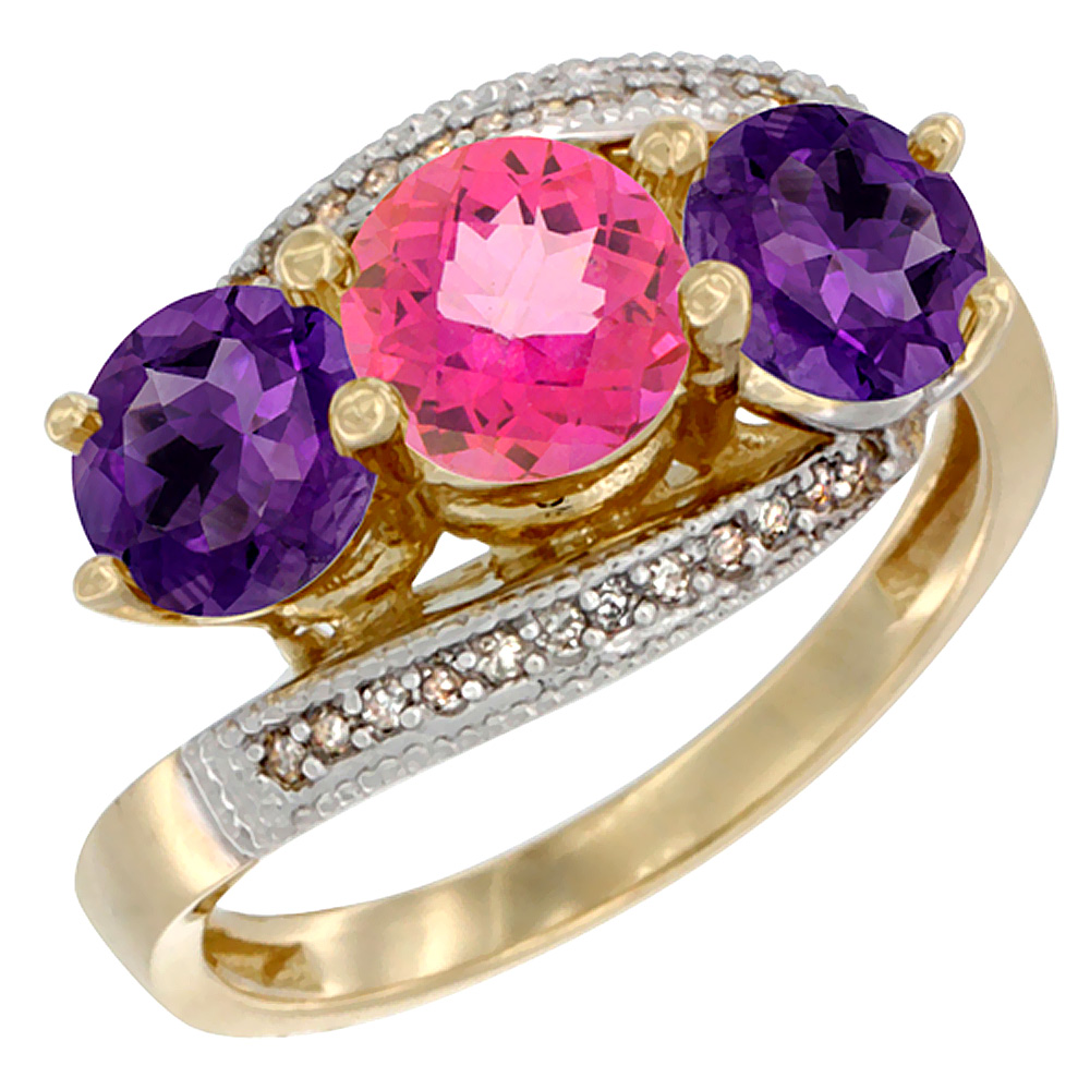 10K Yellow Gold Natural Pink Topaz & Amethyst Sides 3 stone Ring Round 6mm Diamond Accent, sizes 5 - 10