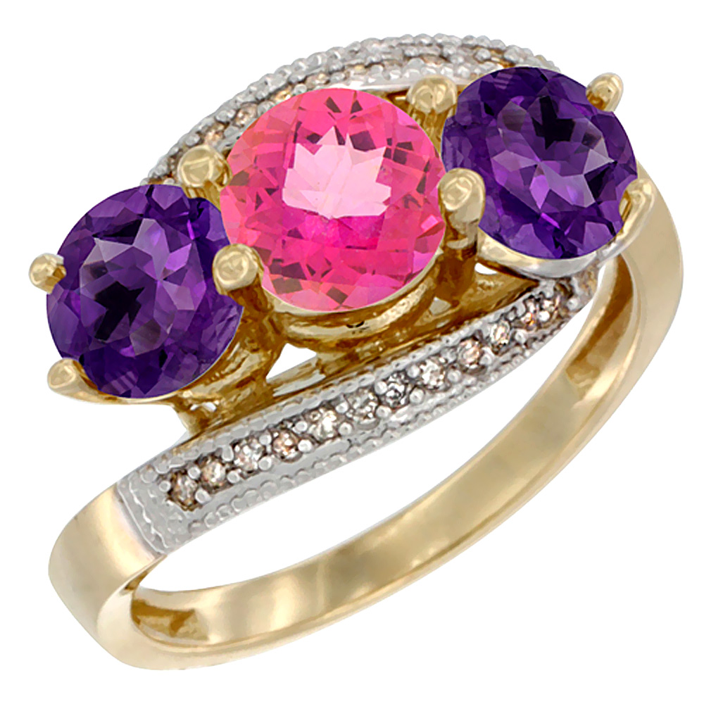 10K Yellow Gold Natural Pink Topaz &amp; Amethyst Sides 3 stone Ring Round 6mm Diamond Accent, sizes 5 - 10