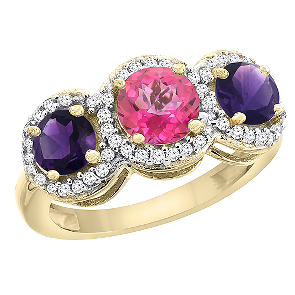 10K Yellow Gold Natural Pink Topaz & Amethyst Sides Round 3-stone Ring Diamond Accents, sizes 5 - 10