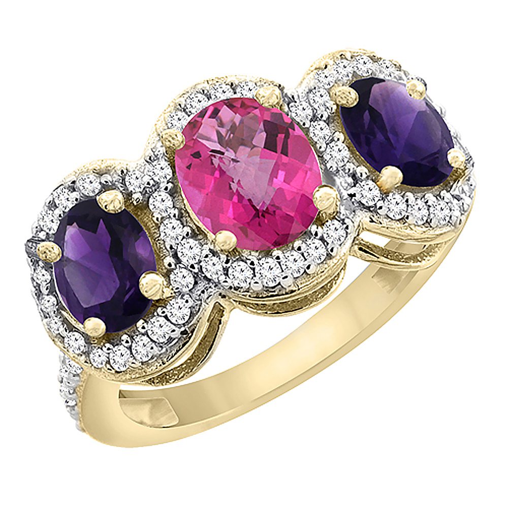 14K Yellow Gold Natural Pink Topaz &amp; Amethyst 3-Stone Ring Oval Diamond Accent, sizes 5 - 10