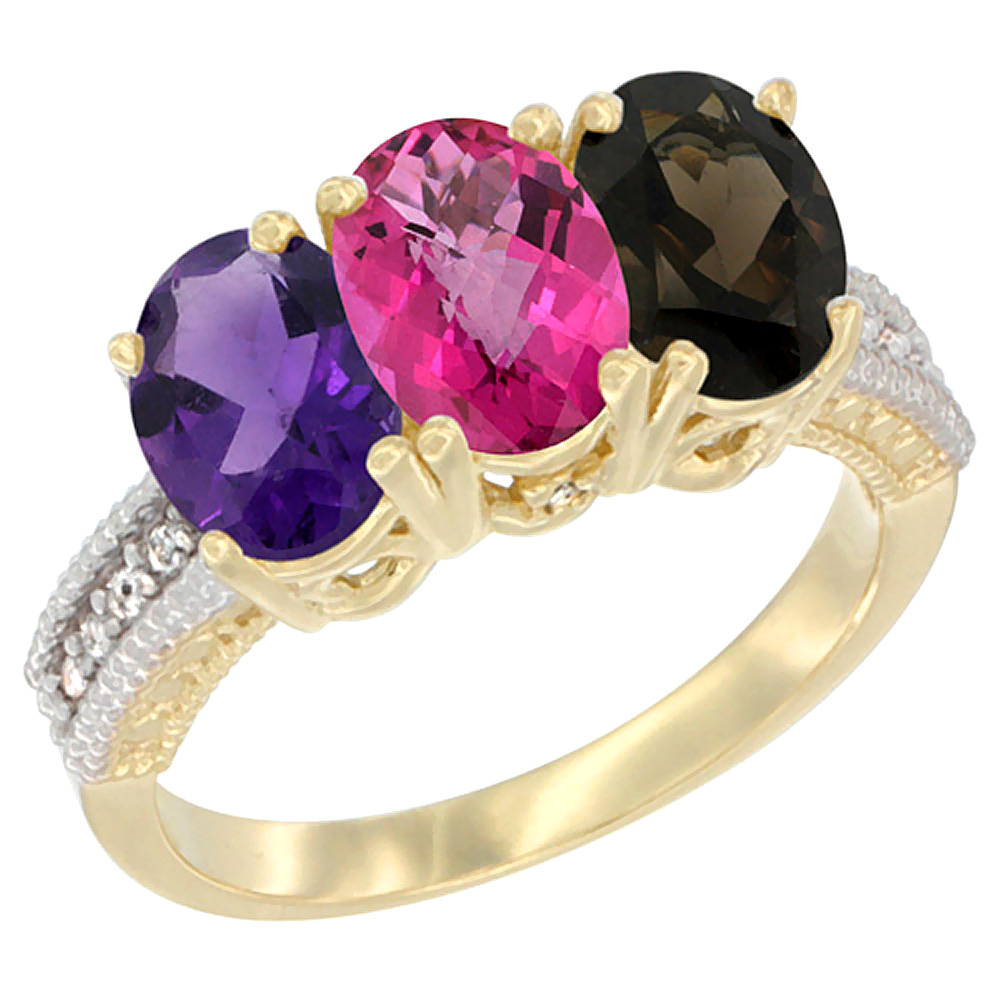 14K Yellow Gold Natural Amethyst, Pink Topaz & Smoky Topaz Ring 3-Stone 7x5 mm Oval Diamond Accent, sizes 5 - 10