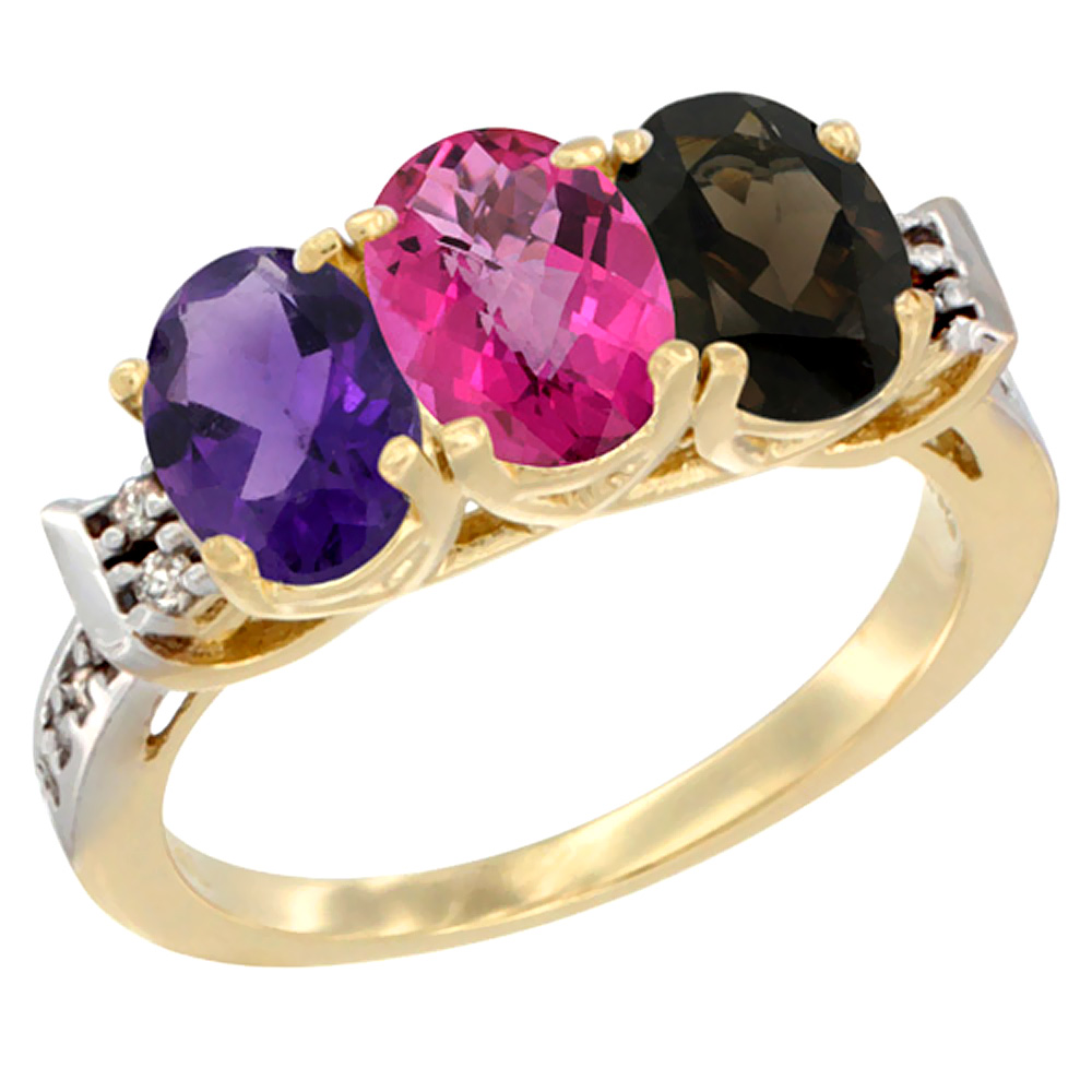 10K Yellow Gold Natural Amethyst, Pink Topaz & Smoky Topaz Ring 3-Stone Oval 7x5 mm Diamond Accent, sizes 5 - 10