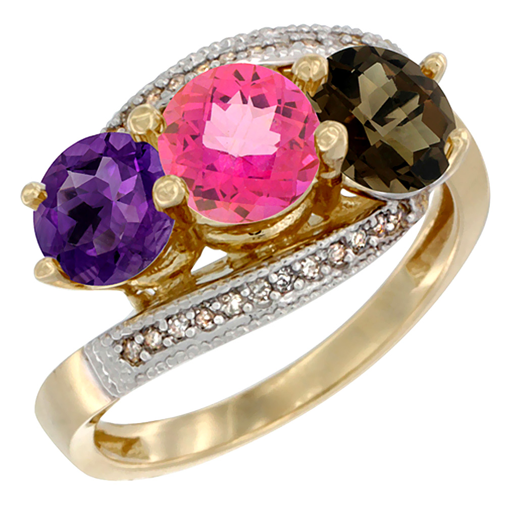 10K Yellow Gold Natural Amethyst, Pink &amp; Smoky Topaz 3 stone Ring Round 6mm Diamond Accent, sizes 5 - 10