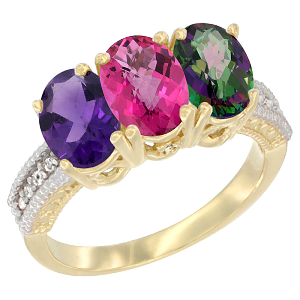 14K Yellow Gold Natural Amethyst, Pink Topaz & Mystic Topaz Ring 3-Stone 7x5 mm Oval Diamond Accent, sizes 5 - 10