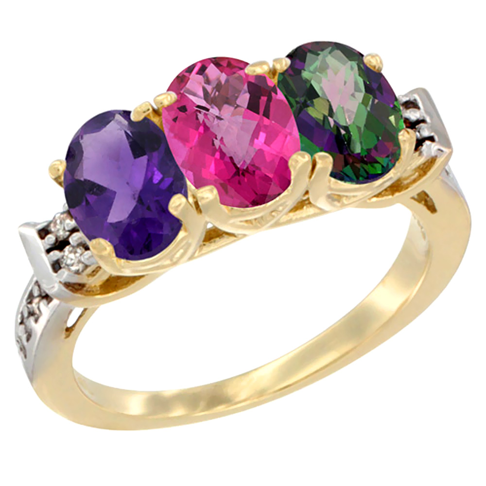 10K Yellow Gold Natural Amethyst, Pink Topaz & Mystic Topaz Ring 3-Stone Oval 7x5 mm Diamond Accent, sizes 5 - 10