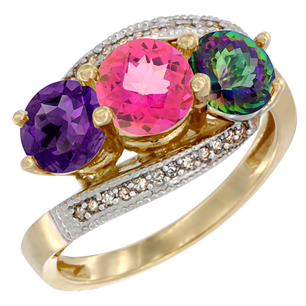 14K Yellow Gold Natural Amethyst, Pink &amp; Mystic Topaz 3 stone Ring Round 6mm Diamond Accent, sizes 5 - 10