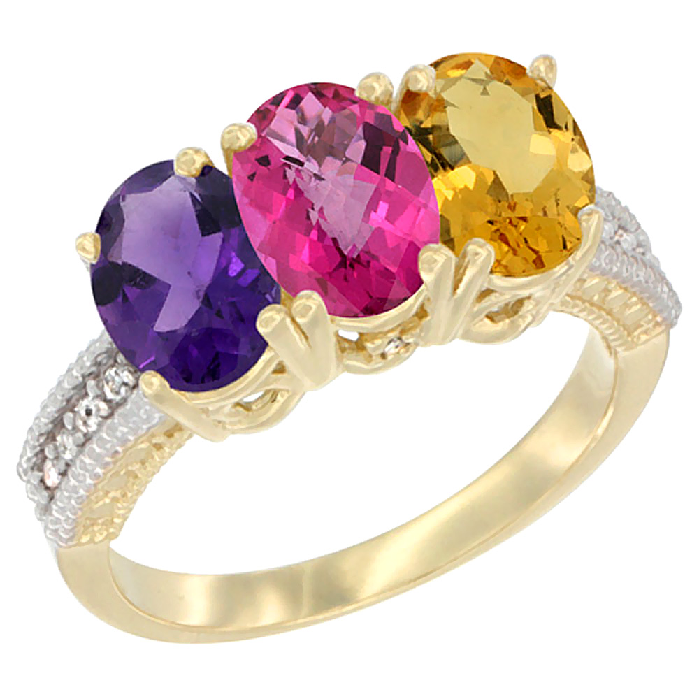 10K Yellow Gold Diamond Natural Amethyst, Pink Topaz &amp; Citrine Ring Oval 3-Stone 7x5 mm,sizes 5-10