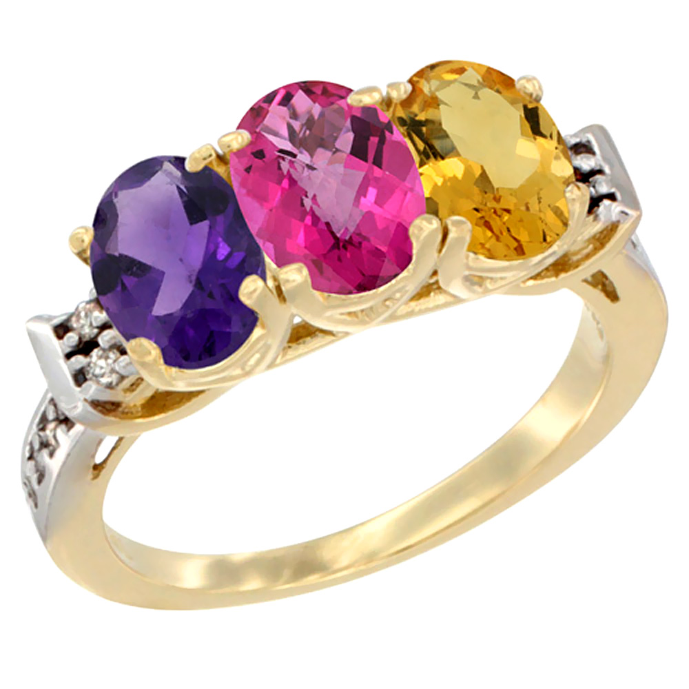 14K Yellow Gold Natural Amethyst, Pink Topaz & Citrine Ring 3-Stone 7x5 mm Oval Diamond Accent, sizes 5 - 10