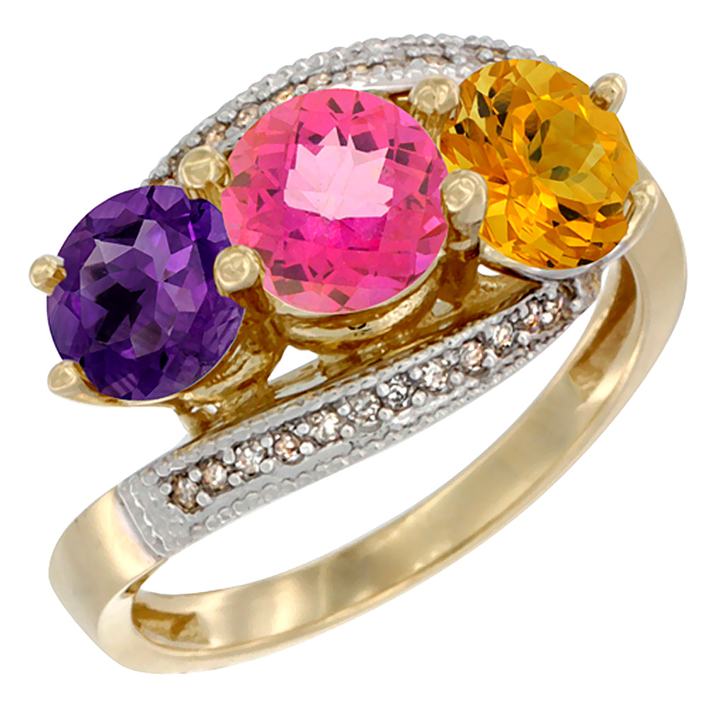 10K Yellow Gold Natural Amethyst, Pink Topaz & Citrine 3 stone Ring Round 6mm Diamond Accent, sizes 5 - 10