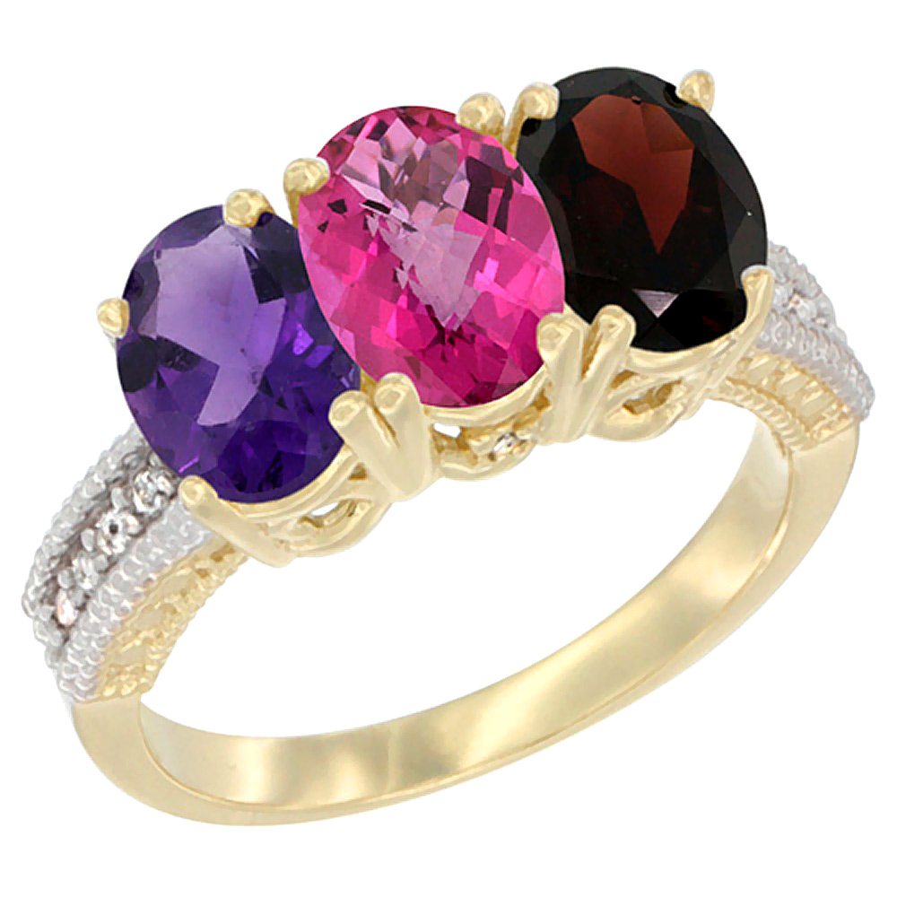 14K Yellow Gold Natural Amethyst, Pink Topaz & Garnet Ring 3-Stone 7x5 mm Oval Diamond Accent, sizes 5 - 10