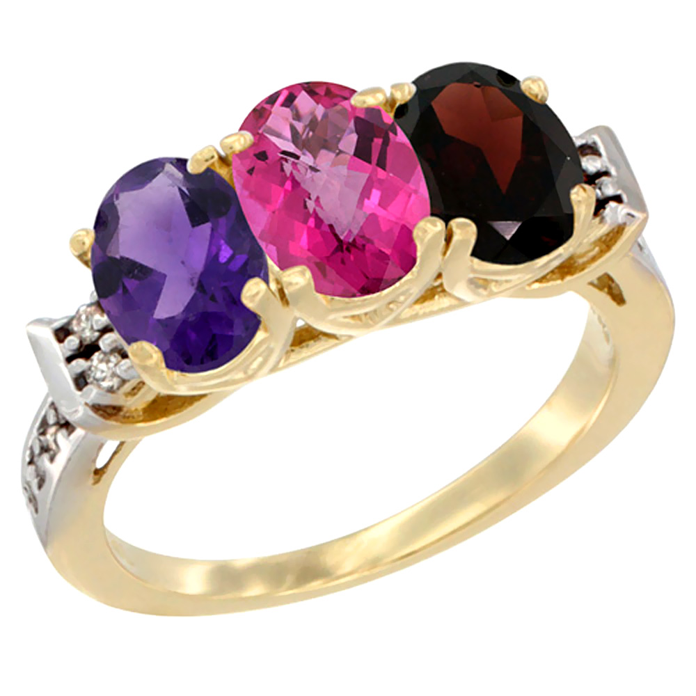 14K Yellow Gold Natural Amethyst, Pink Topaz &amp; Garnet Ring 3-Stone 7x5 mm Oval Diamond Accent, sizes 5 - 10