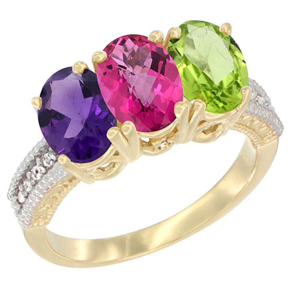 10K Yellow Gold Diamond Natural Amethyst, Pink Topaz & Peridot Ring Oval 3-Stone 7x5 mm,sizes 5-10