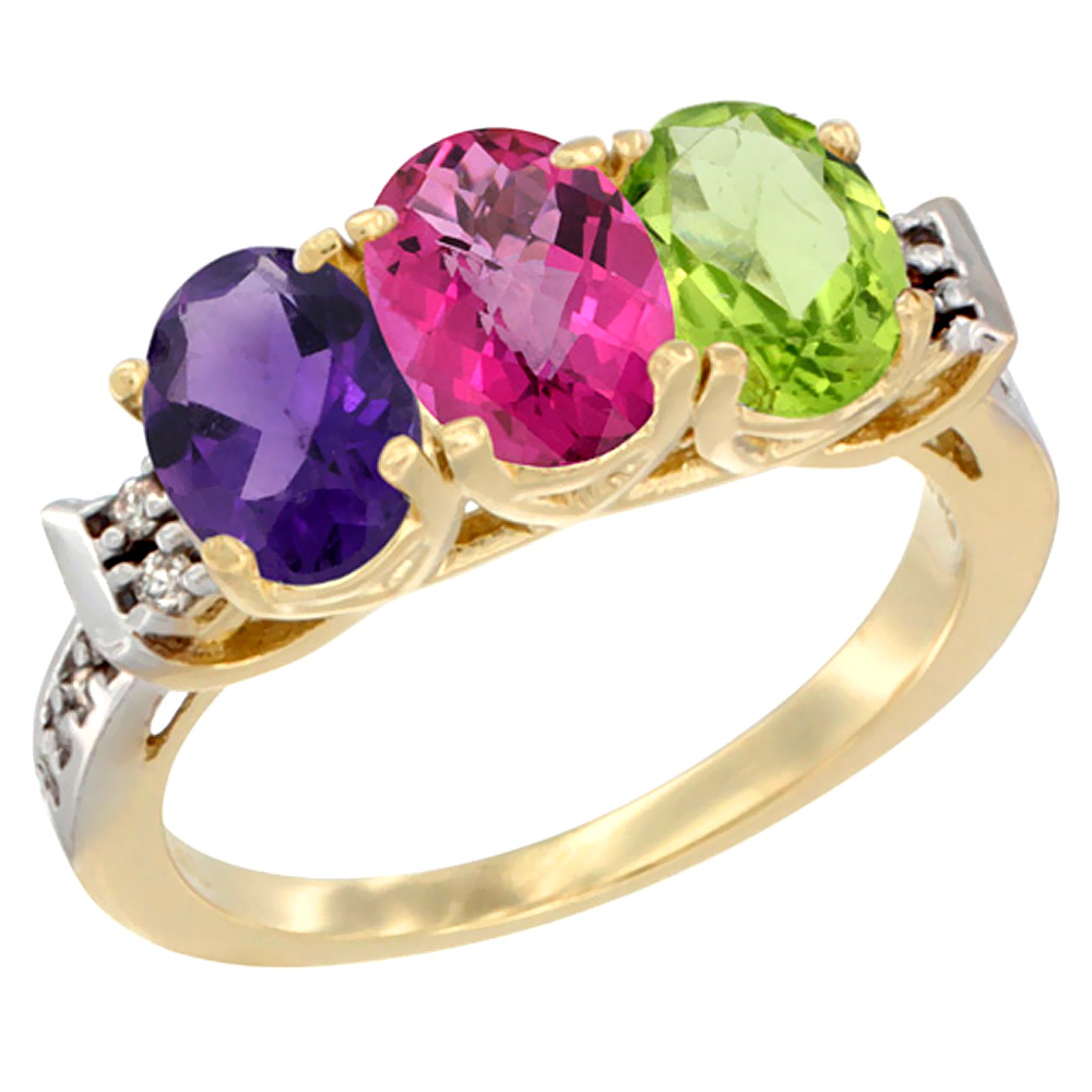 10K Yellow Gold Natural Amethyst, Pink Topaz &amp; Peridot Ring 3-Stone Oval 7x5 mm Diamond Accent, sizes 5 - 10