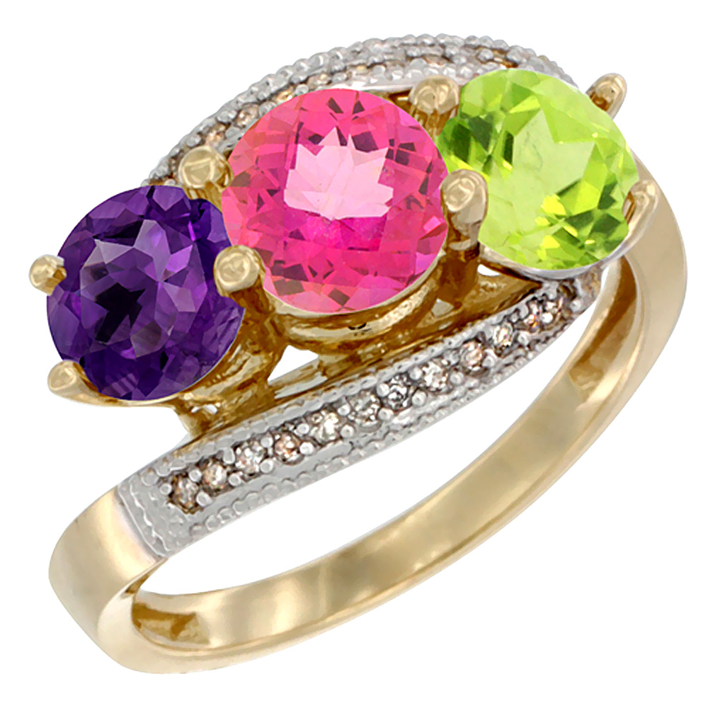 10K Yellow Gold Natural Amethyst, Pink Topaz &amp; Peridot 3 stone Ring Round 6mm Diamond Accent, sizes 5 - 10