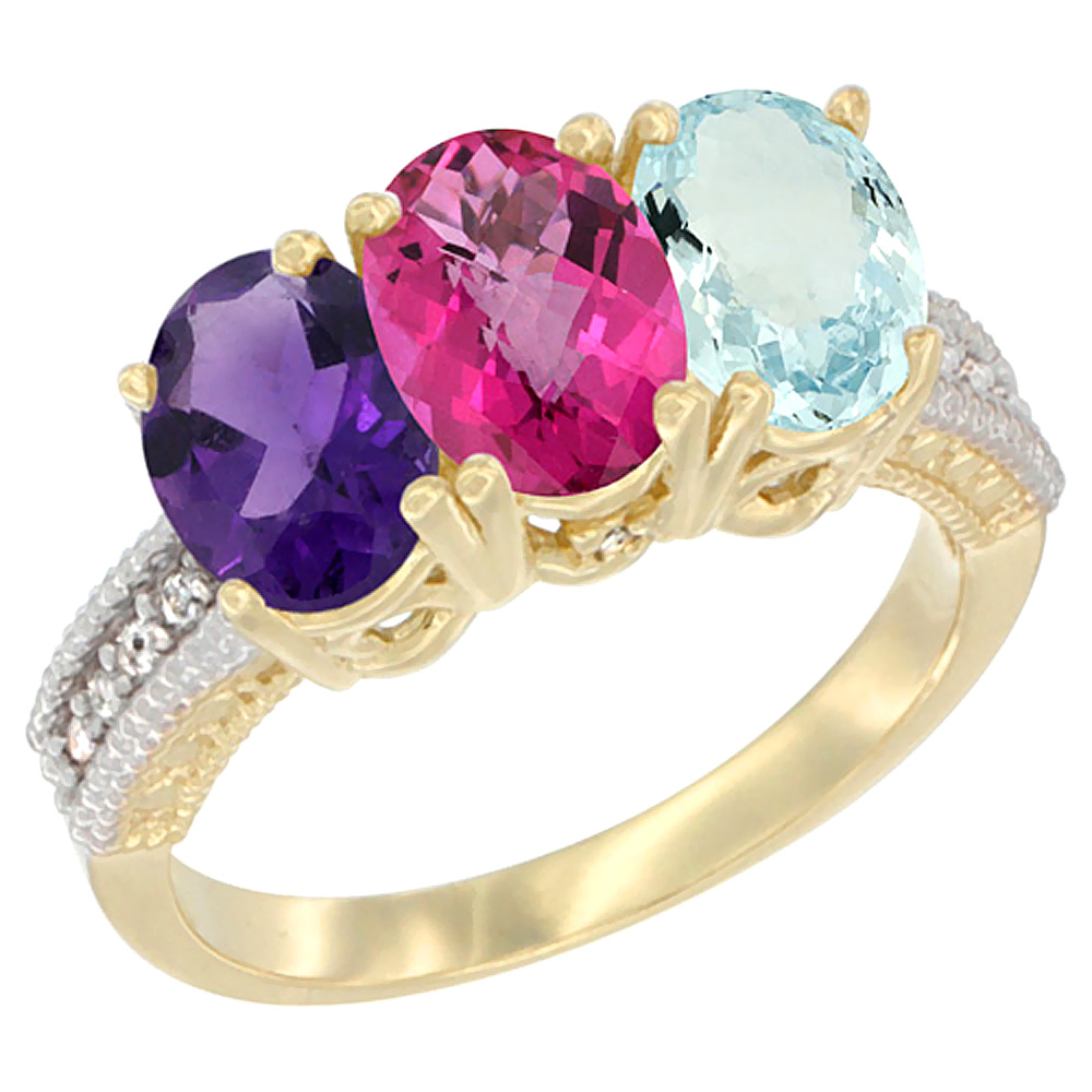 10K Yellow Gold Diamond Natural Amethyst, Pink Topaz &amp; Aquamarine Ring Oval 3-Stone 7x5 mm,sizes 5-10