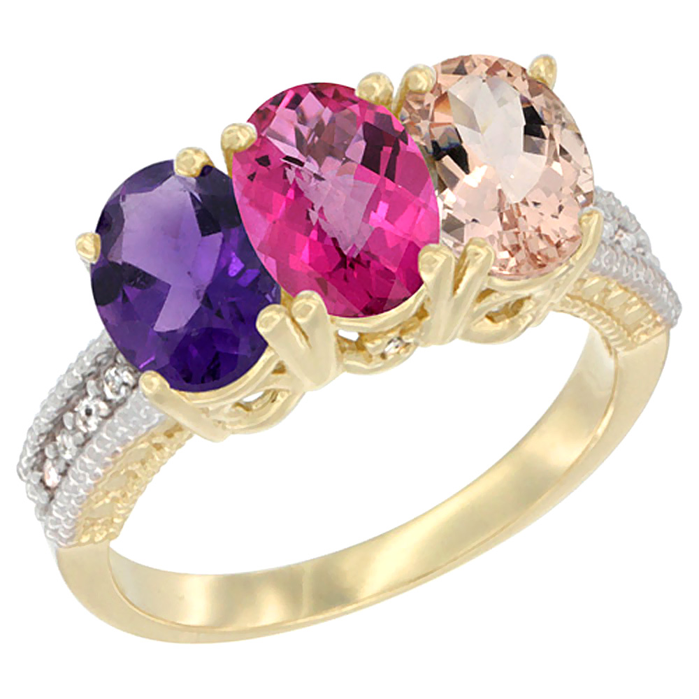 10K Yellow Gold Diamond Natural Amethyst, Pink Topaz &amp; Morganite Ring Oval 3-Stone 7x5 mm,sizes 5-10