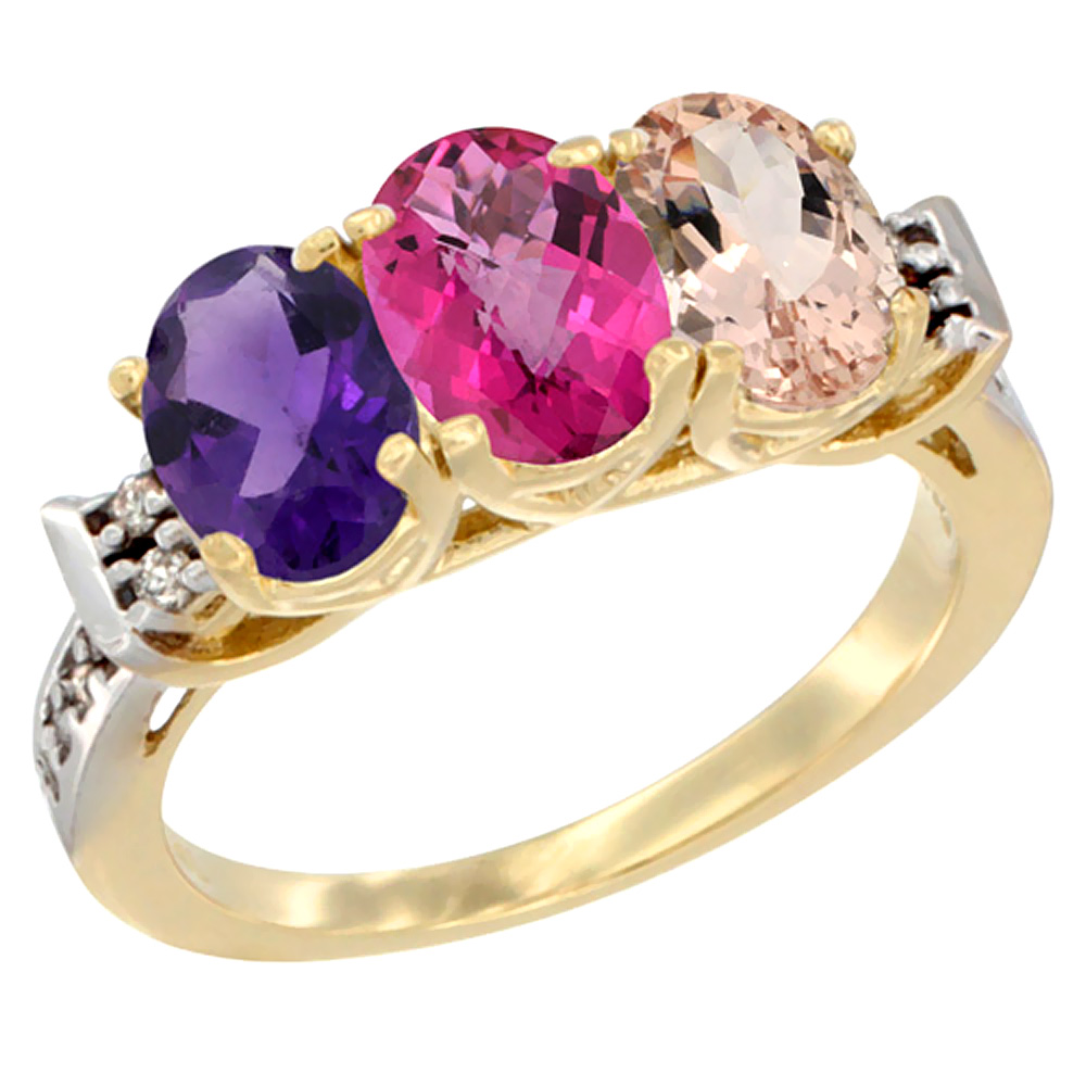 14K Yellow Gold Natural Amethyst, Pink Topaz & Morganite Ring 3-Stone 7x5 mm Oval Diamond Accent, sizes 5 - 10