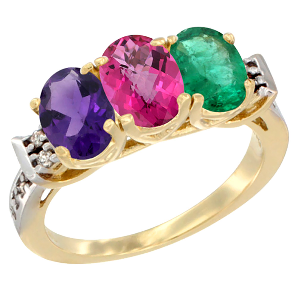 14K Yellow Gold Natural Amethyst, Pink Topaz & Emerald Ring 3-Stone 7x5 mm Oval Diamond Accent, sizes 5 - 10