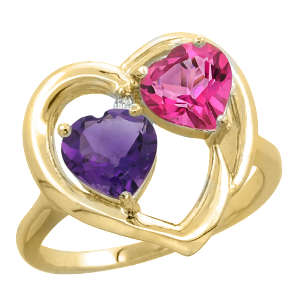 10K Yellow Gold Diamond Two-stone Heart Ring 6mm Natural Amethyst & Pink Topaz, sizes 5-10