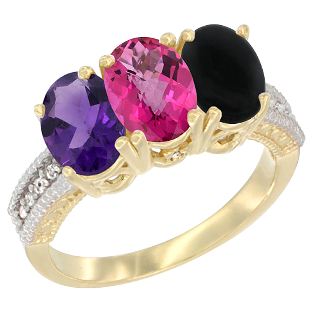 14K Yellow Gold Natural Amethyst, Pink Topaz & Black Onyx Ring 3-Stone 7x5 mm Oval Diamond Accent, sizes 5 - 10