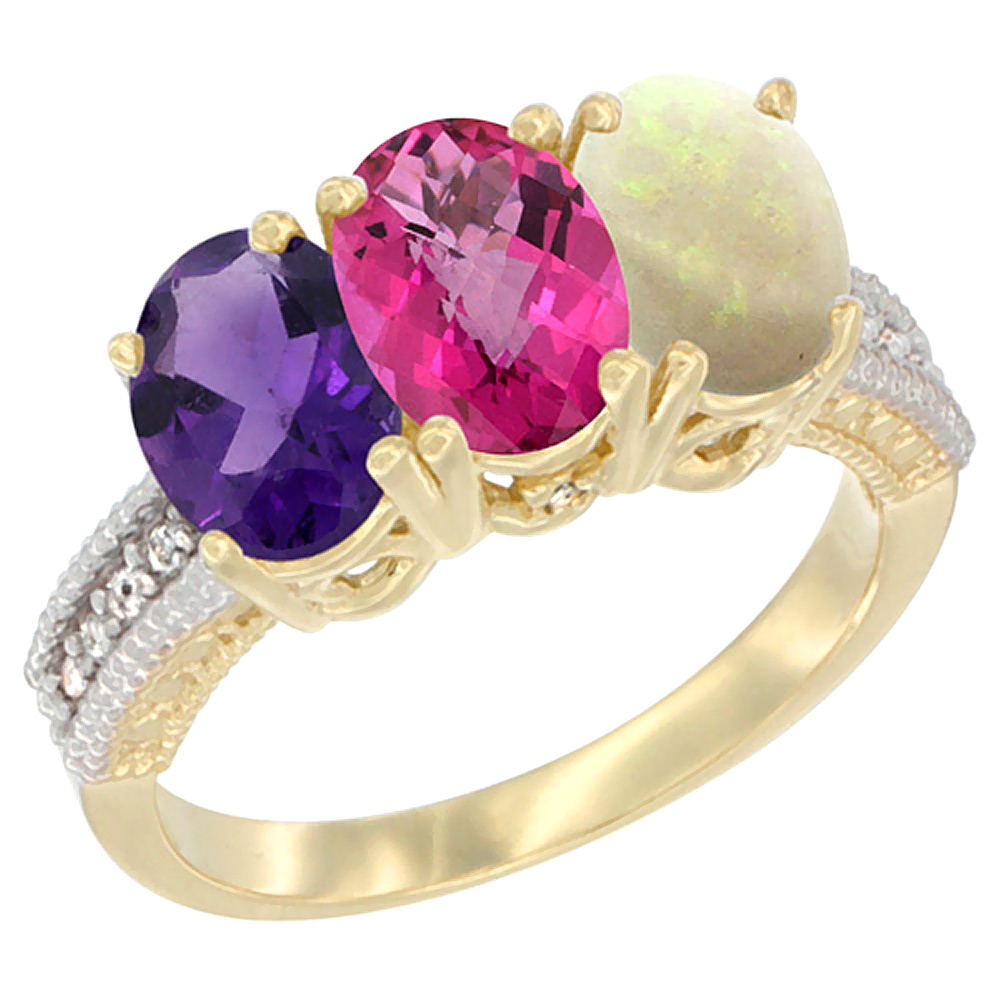 14K Yellow Gold Natural Amethyst, Pink Topaz & Opal Ring 3-Stone 7x5 mm Oval Diamond Accent, sizes 5 - 10