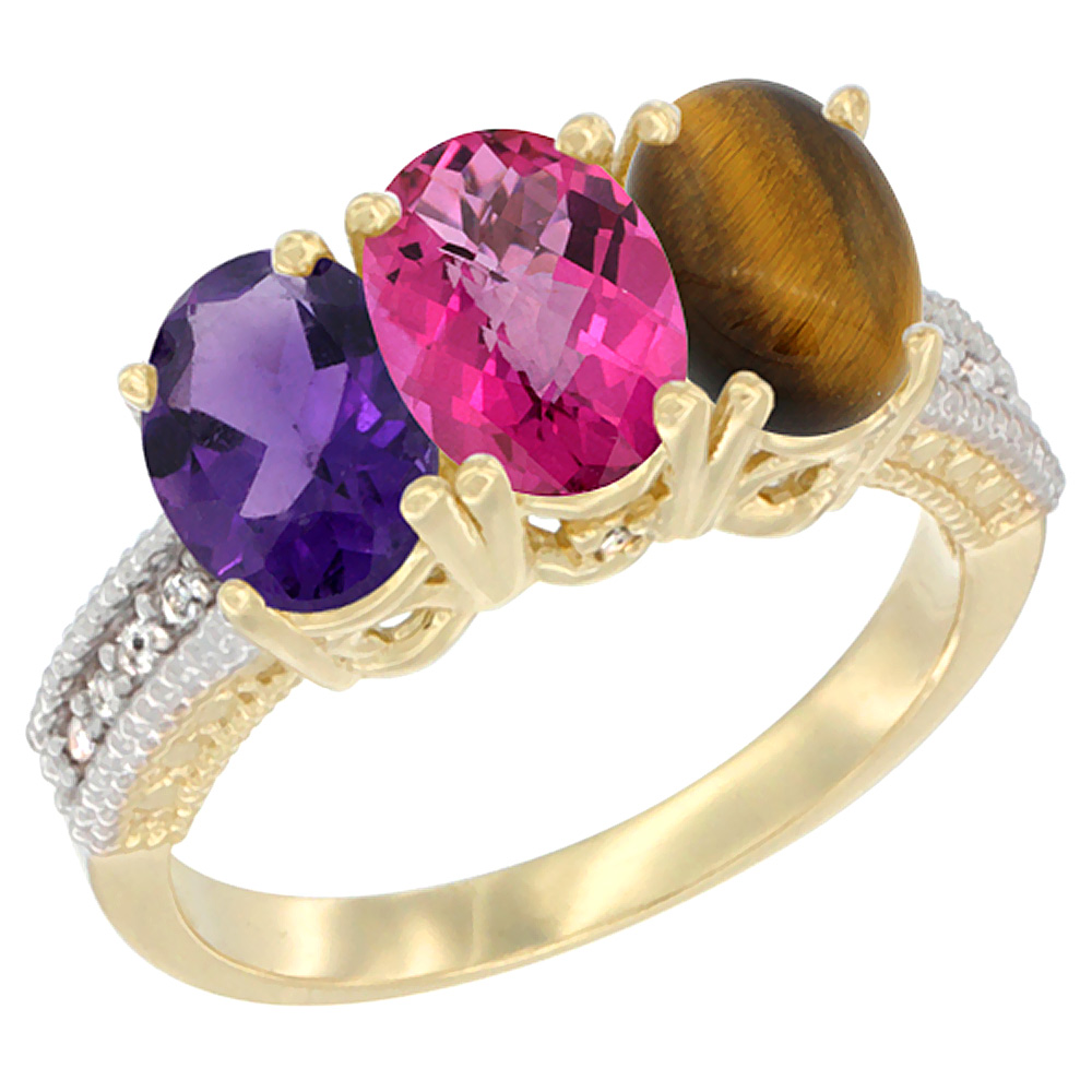 10K Yellow Gold Diamond Natural Amethyst, Pink Topaz & Tiger Eye Ring Oval 3-Stone 7x5 mm,sizes 5-10