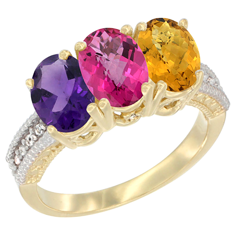 14K Yellow Gold Natural Amethyst, Pink Topaz & Whisky Quartz Ring 3-Stone 7x5 mm Oval Diamond Accent, sizes 5 - 10