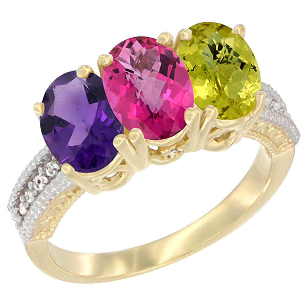 10K Yellow Gold Diamond Natural Amethyst, Pink Topaz & Lemon Quartz Ring Oval 3-Stone 7x5 mm,sizes 5-10