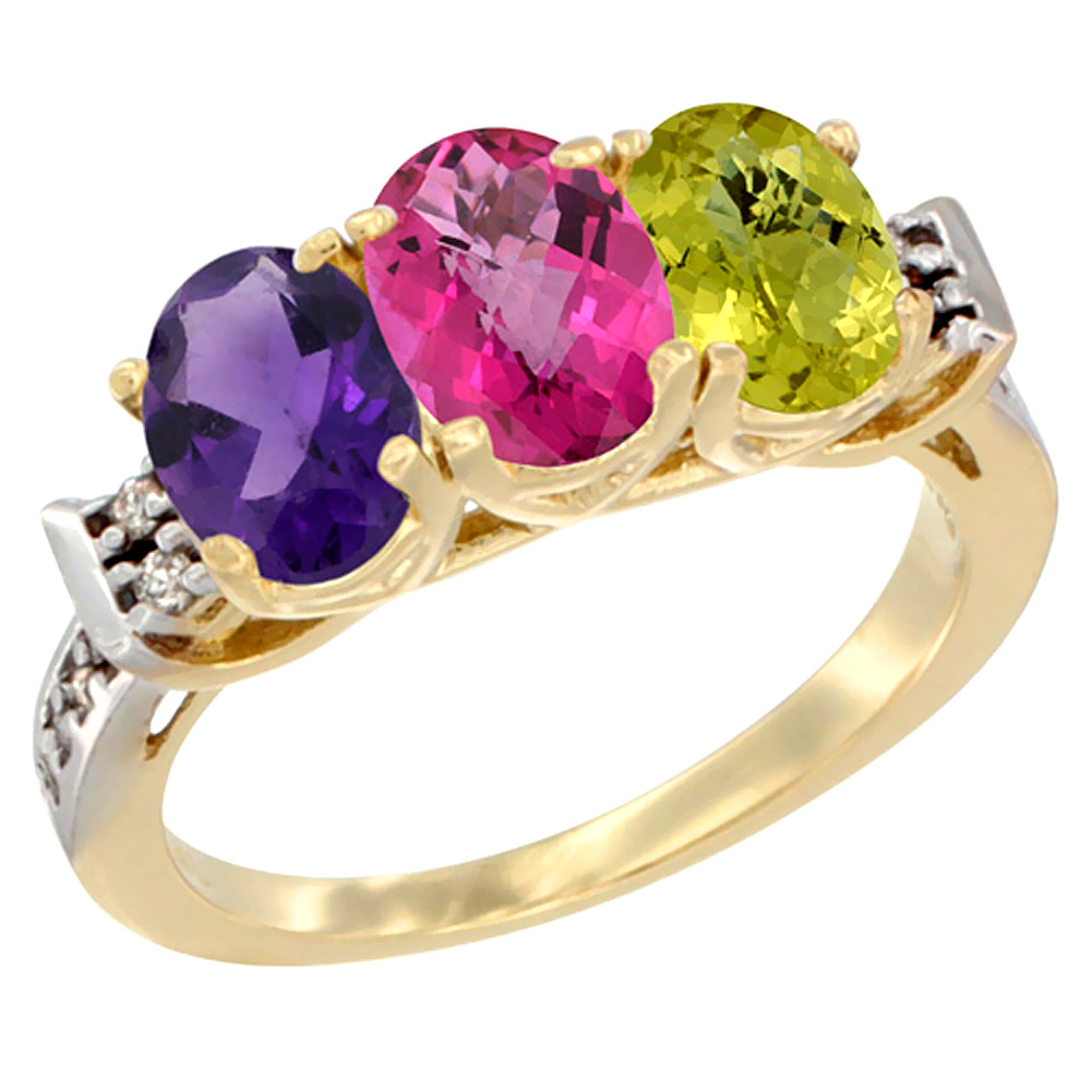 10K Yellow Gold Natural Amethyst, Pink Topaz &amp; Lemon Quartz Ring 3-Stone Oval 7x5 mm Diamond Accent, sizes 5 - 10