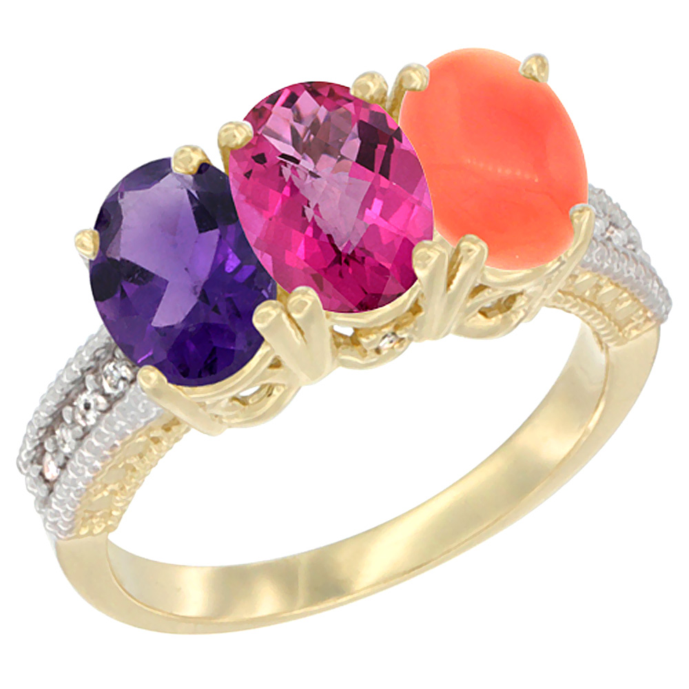 14K Yellow Gold Natural Amethyst, Pink Topaz & Coral Ring 3-Stone 7x5 mm Oval Diamond Accent, sizes 5 - 10