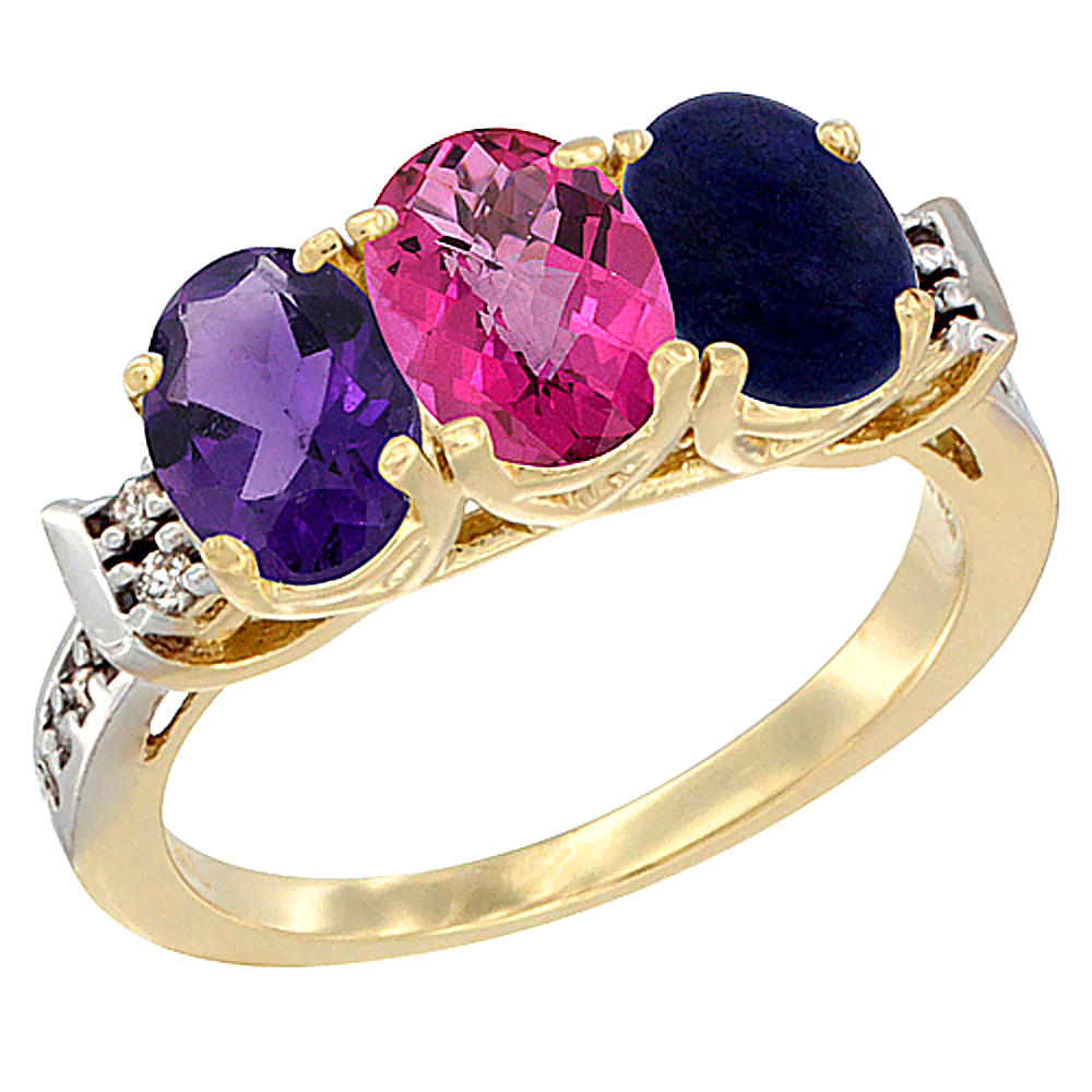 14K Yellow Gold Natural Amethyst, Pink Topaz & Lapis Ring 3-Stone 7x5 mm Oval Diamond Accent, sizes 5 - 10