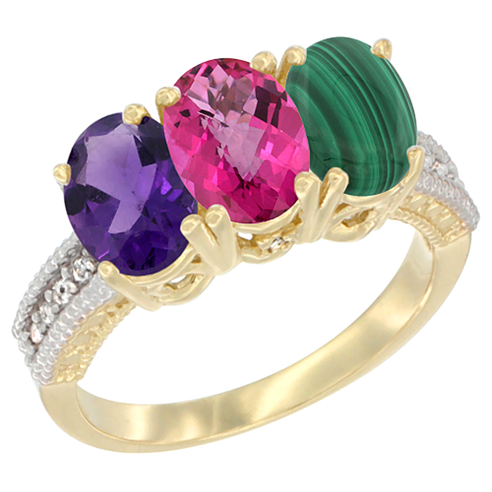 10K Yellow Gold Diamond Natural Amethyst, Pink Topaz &amp; Malachite Ring Oval 3-Stone 7x5 mm,sizes 5-10