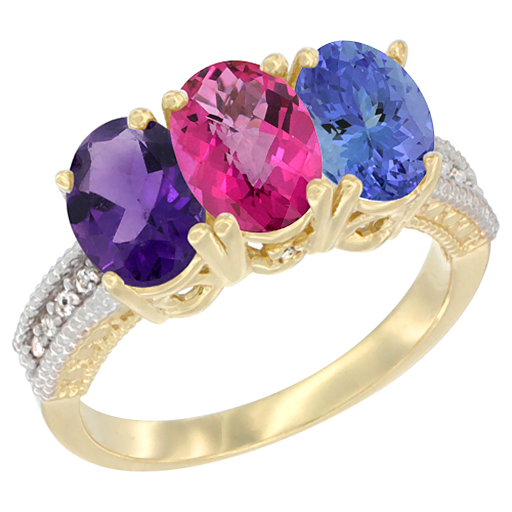 14K Yellow Gold Natural Amethyst, Pink Topaz & Tanzanite Ring 3-Stone 7x5 mm Oval Diamond Accent, sizes 5 - 10