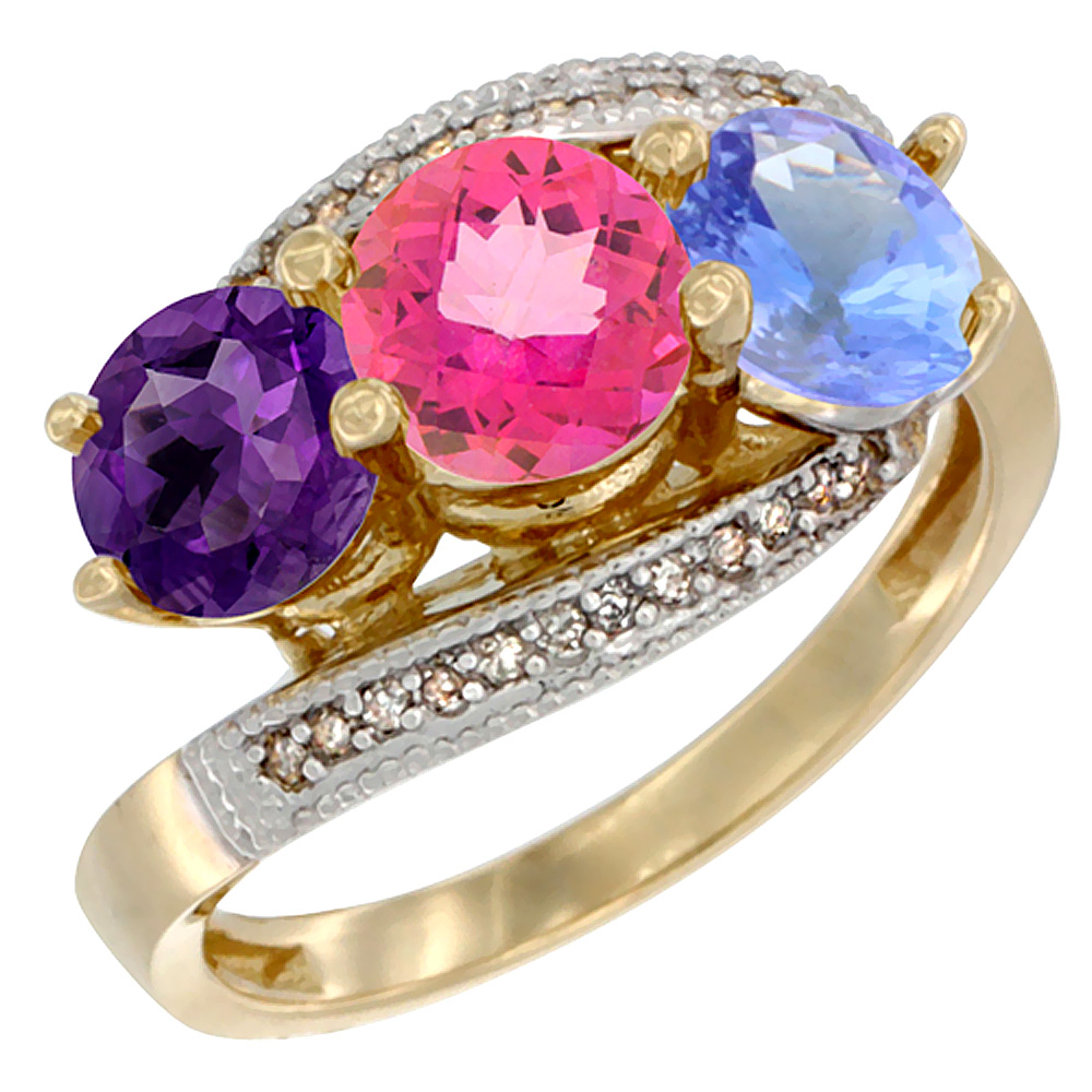 10K Yellow Gold Natural Amethyst, Pink Topaz & Tanzanite 3 stone Ring Round 6mm Diamond Accent, sizes 5 - 10