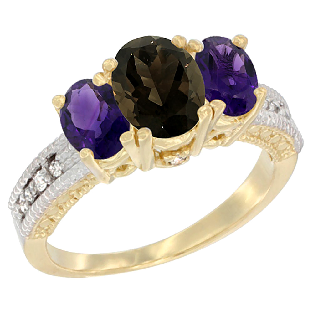 14K Yellow Gold Diamond Natural Smoky Topaz Ring Oval 3-stone with Amethyst, sizes 5 - 10